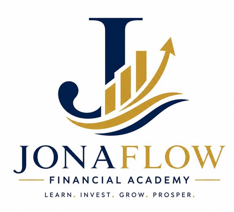 Jonaflow Financial Academy logo featuring a stylized J combined with an upward-trending financial chart in navy blue and gold.